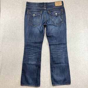 True Religion BOOTCUT Jeans Mens 38x34 Flap Pockets Dark Wash Whiskered USA
